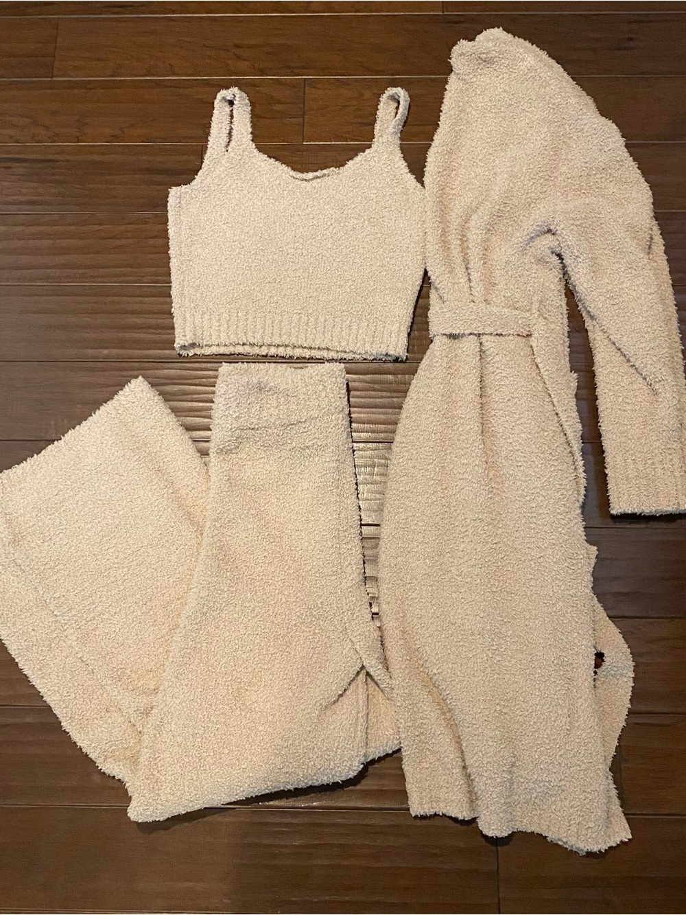 SKIMS Cream Sherpa Tank, Wide-Leg Pants & Belted Robe Set